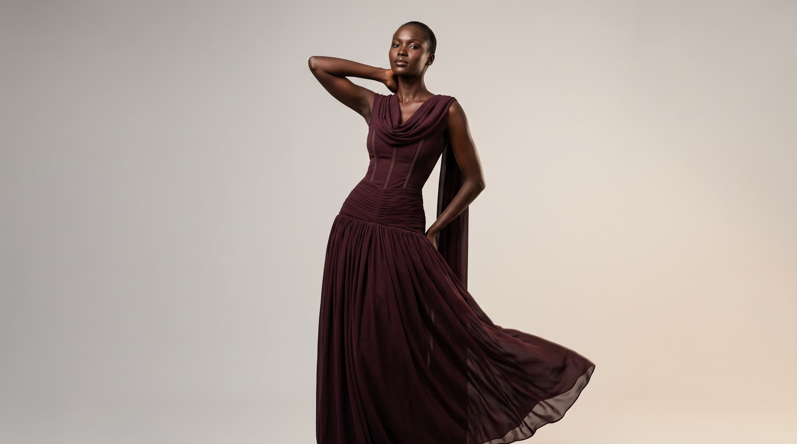 Maroon Cape Evening Gown